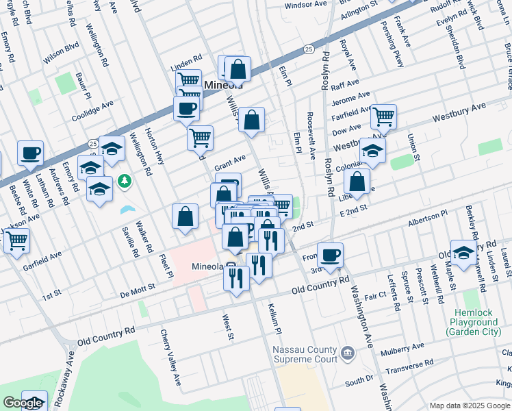 map of restaurants, bars, coffee shops, grocery stores, and more near 139 Main Street in Mineola