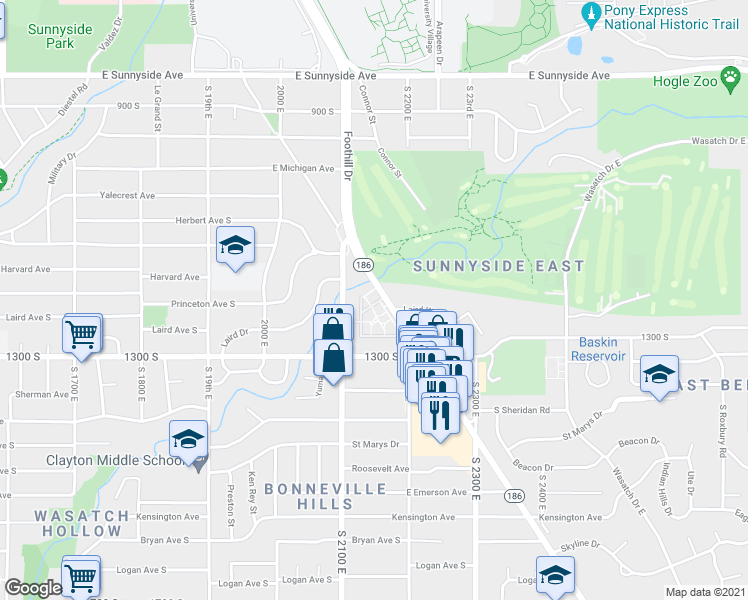 map of restaurants, bars, coffee shops, grocery stores, and more near 1168 Foothill Drive in Salt Lake City