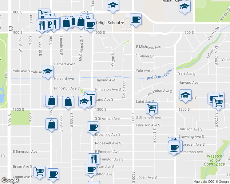 map of restaurants, bars, coffee shops, grocery stores, and more near 1201 Laird Avenue South in Salt Lake City
