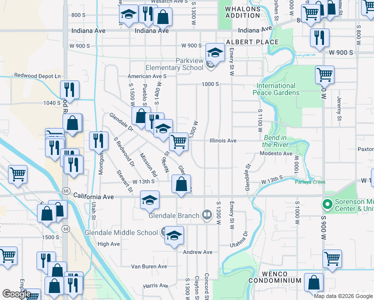 map of restaurants, bars, coffee shops, grocery stores, and more near 1188 1300 West in Salt Lake City