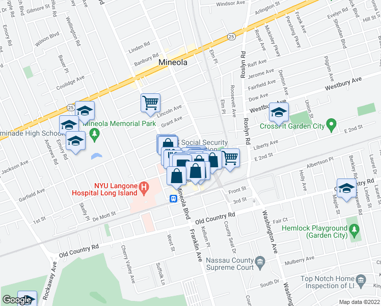 map of restaurants, bars, coffee shops, grocery stores, and more near 139 Main Street in Mineola