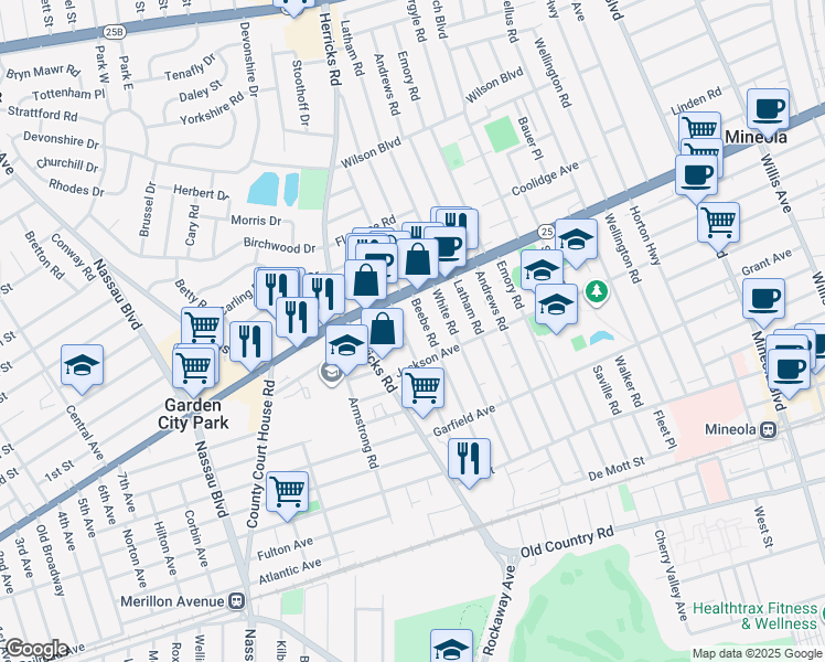 map of restaurants, bars, coffee shops, grocery stores, and more near 236 Wardwell Road in Mineola