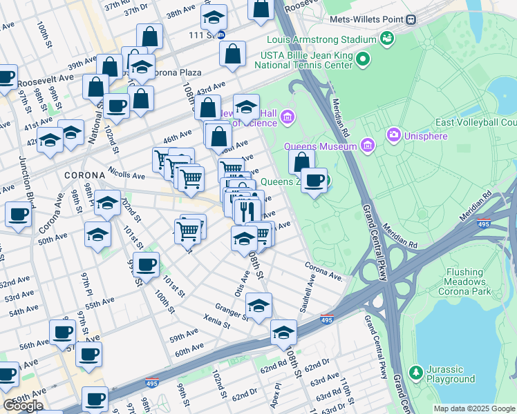 map of restaurants, bars, coffee shops, grocery stores, and more near 10809 53rd Avenue in Queens
