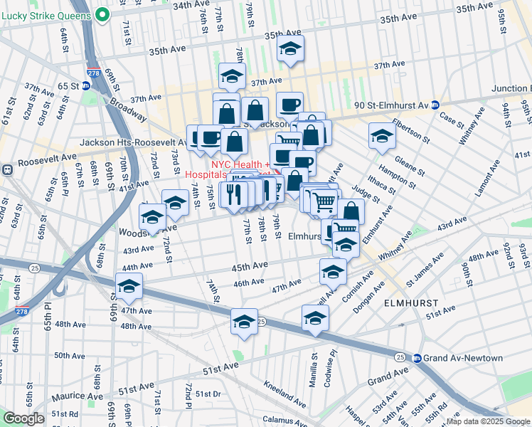 map of restaurants, bars, coffee shops, grocery stores, and more near 42-24 78th Street in Queens