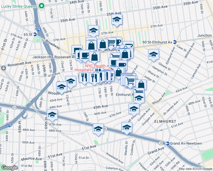 map of restaurants, bars, coffee shops, grocery stores, and more near 42-24 78th Street in Queens