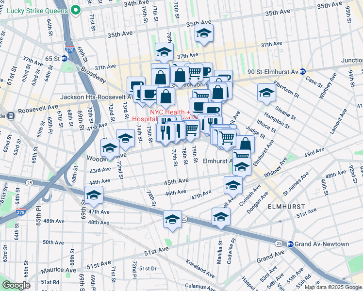 map of restaurants, bars, coffee shops, grocery stores, and more near 42-24 78th Street in Queens
