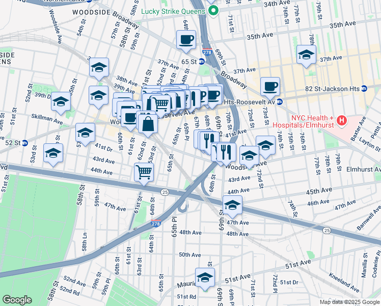 map of restaurants, bars, coffee shops, grocery stores, and more near 42-13 65th Place in Queens