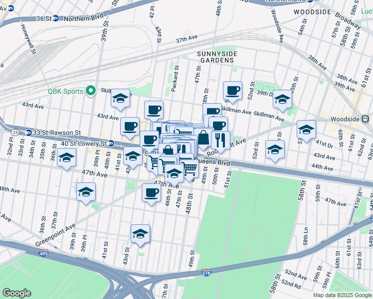 map of restaurants, bars, coffee shops, grocery stores, and more near in Queens