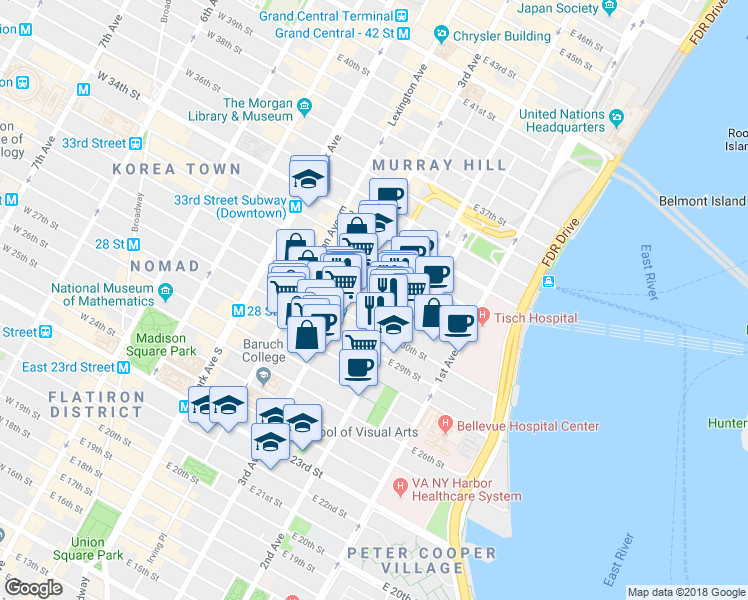 map of restaurants, bars, coffee shops, grocery stores, and more near 208 East 30th Street in New York