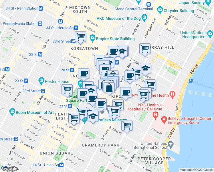 map of restaurants, bars, coffee shops, grocery stores, and more near in New York
