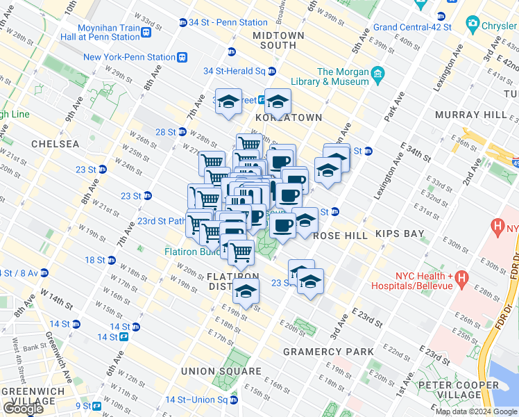 map of restaurants, bars, coffee shops, grocery stores, and more near 207 5th Avenue in New York