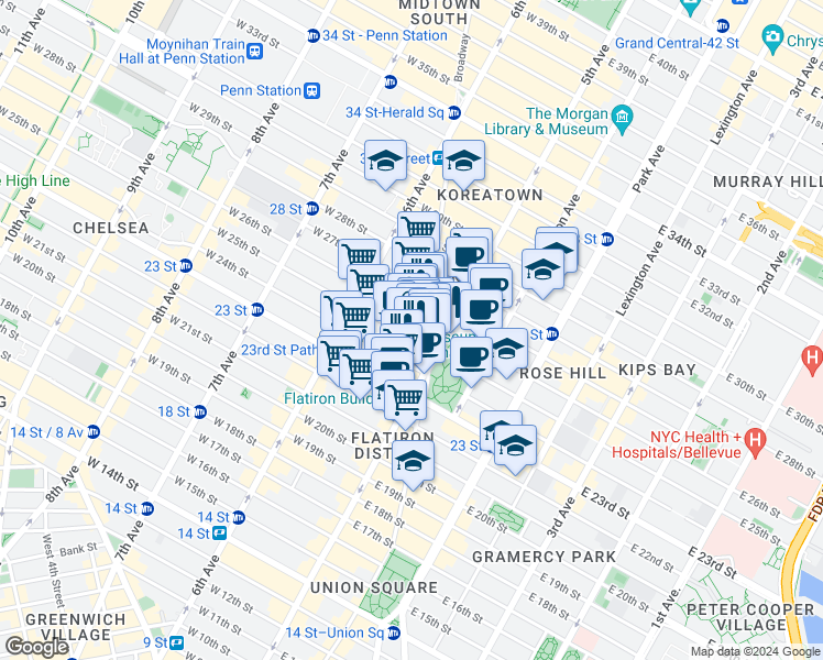 map of restaurants, bars, coffee shops, grocery stores, and more near in New York