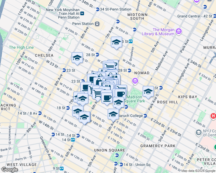 map of restaurants, bars, coffee shops, grocery stores, and more near 71 West 23 Street in New York