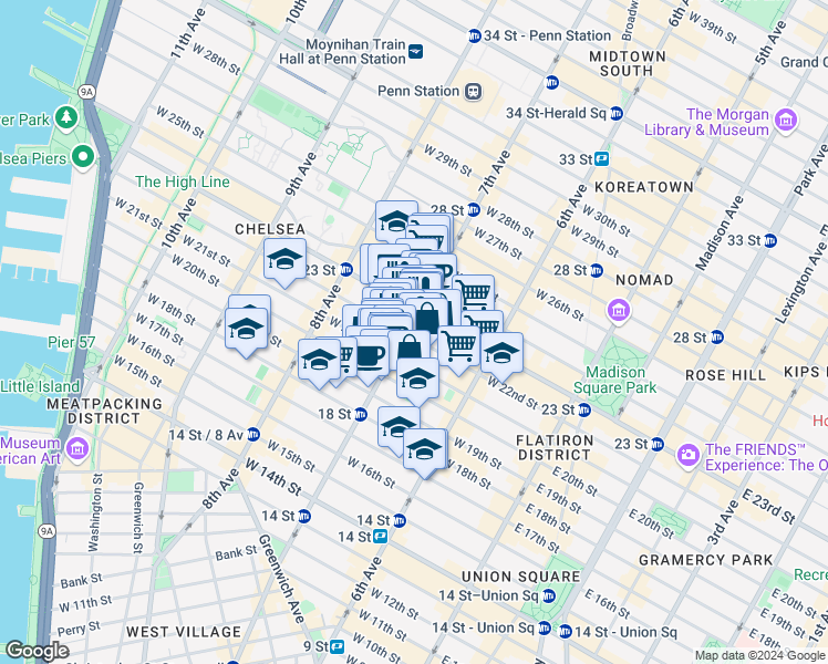 map of restaurants, bars, coffee shops, grocery stores, and more near 177 7th Avenue in New York