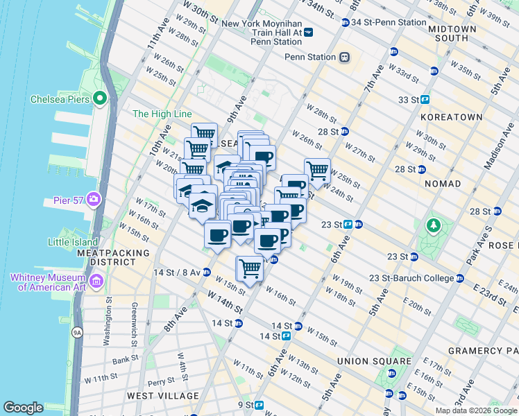 map of restaurants, bars, coffee shops, grocery stores, and more near 252 West 20th Street in New York
