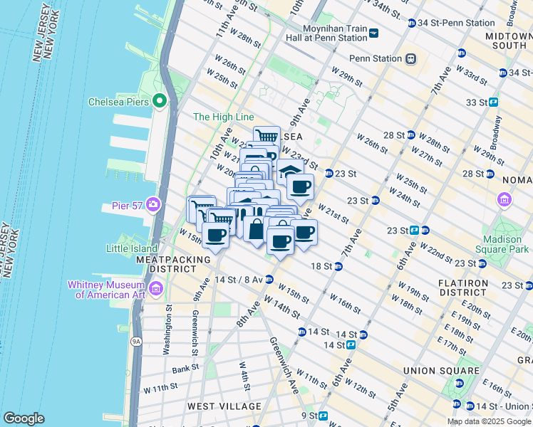 map of restaurants, bars, coffee shops, grocery stores, and more near 351 West 18th Street in New York