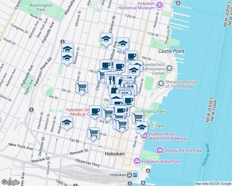 map of restaurants, bars, coffee shops, grocery stores, and more near 515 Garden Street in Hoboken