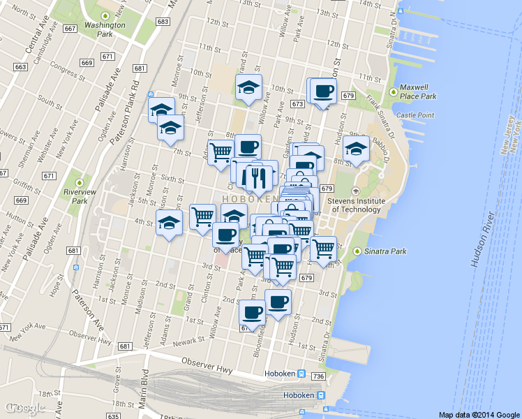 map of restaurants, bars, coffee shops, grocery stores, and more near 515 Garden Street in Hoboken