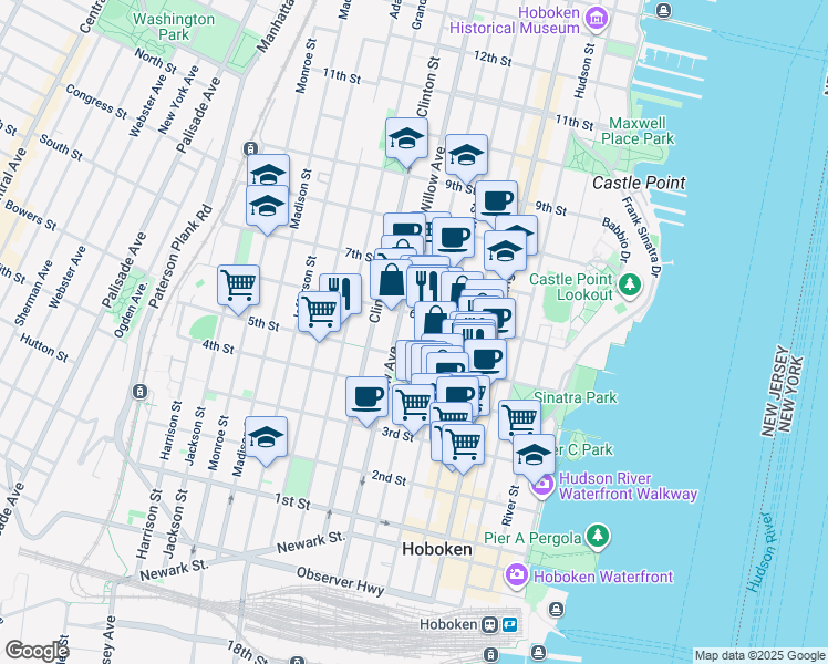 map of restaurants, bars, coffee shops, grocery stores, and more near 250 5th Street in Hoboken