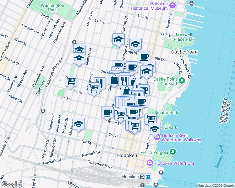 map of restaurants, bars, coffee shops, grocery stores, and more near 250 5th Street in Hoboken