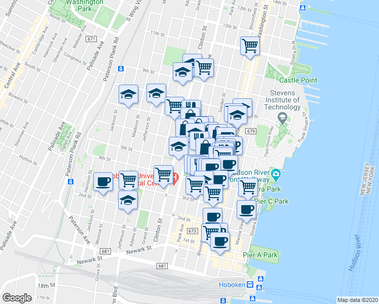 map of restaurants, bars, coffee shops, grocery stores, and more near 250 5th Street in Hoboken