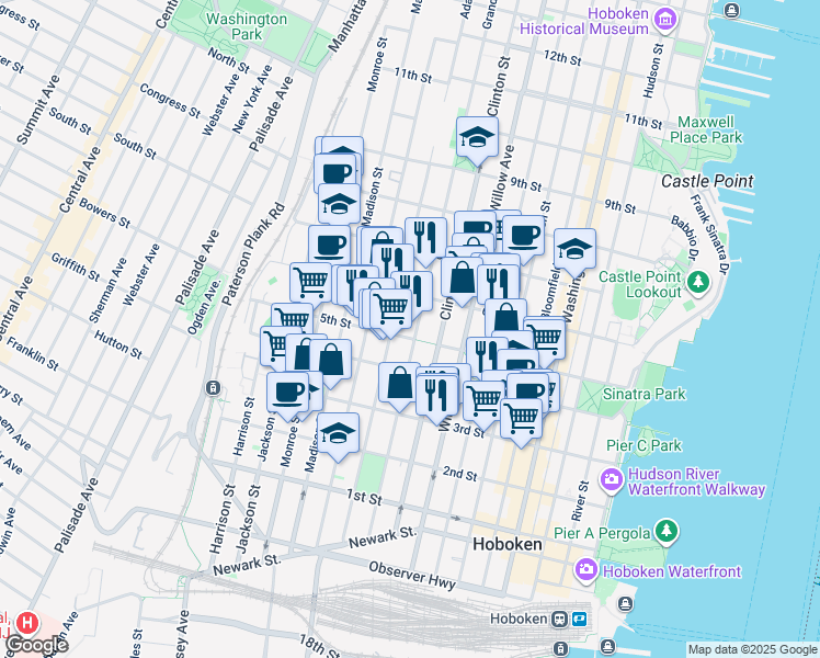 map of restaurants, bars, coffee shops, grocery stores, and more near 415 Adams Street in Hoboken
