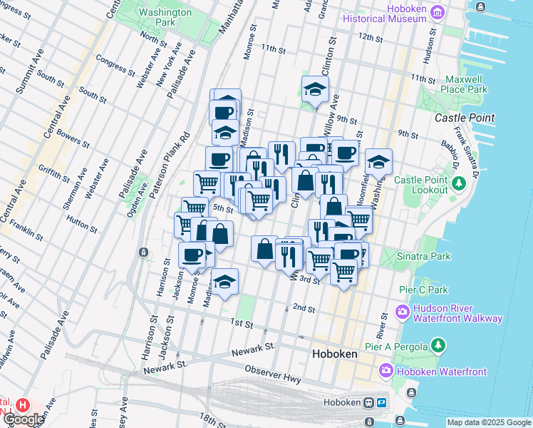 map of restaurants, bars, coffee shops, grocery stores, and more near 415 Adams Street in Hoboken