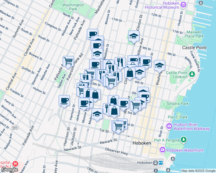 map of restaurants, bars, coffee shops, grocery stores, and more near 410 Jefferson Street in Hoboken