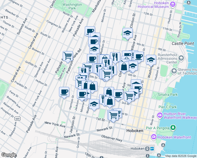 map of restaurants, bars, coffee shops, grocery stores, and more near 410 Jefferson Street in Hoboken