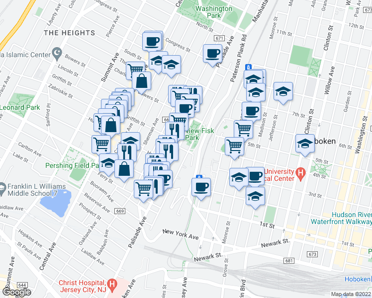 map of restaurants, bars, coffee shops, grocery stores, and more near 426 Palisade Avenue in Jersey City