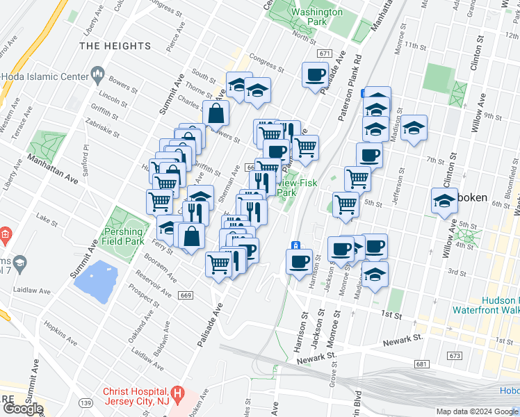map of restaurants, bars, coffee shops, grocery stores, and more near 426 Palisade Avenue in Jersey City
