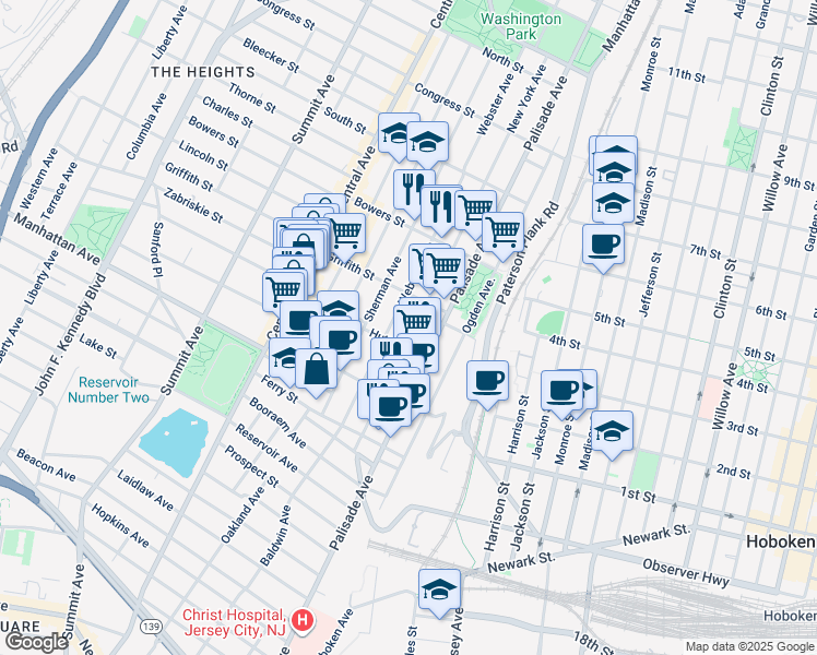 map of restaurants, bars, coffee shops, grocery stores, and more near 198 New York Avenue in Jersey City