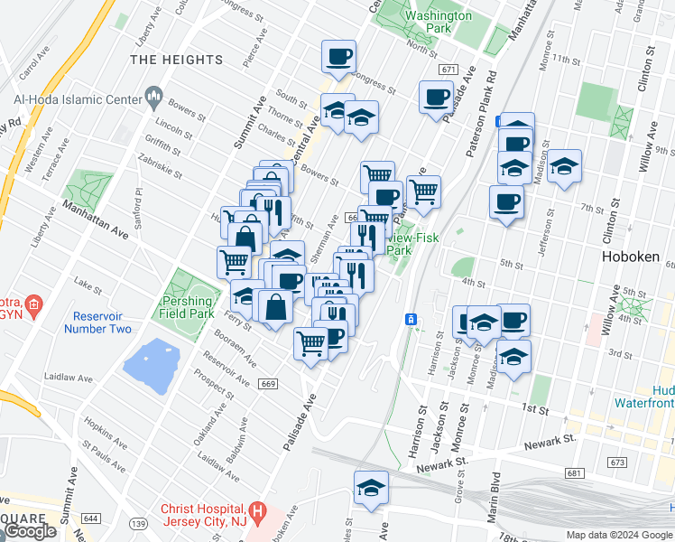 map of restaurants, bars, coffee shops, grocery stores, and more near 198 New York Avenue in Jersey City