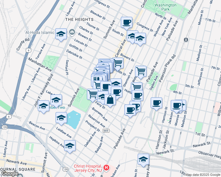map of restaurants, bars, coffee shops, grocery stores, and more near 13 Hancock Avenue in Jersey City
