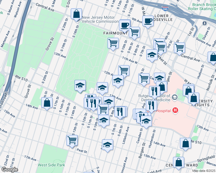map of restaurants, bars, coffee shops, grocery stores, and more near 375-389 13th Avenue in Newark