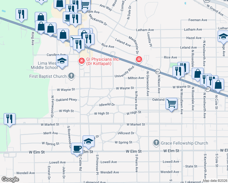 map of restaurants, bars, coffee shops, grocery stores, and more near 1980 Oakland Parkway in Lima