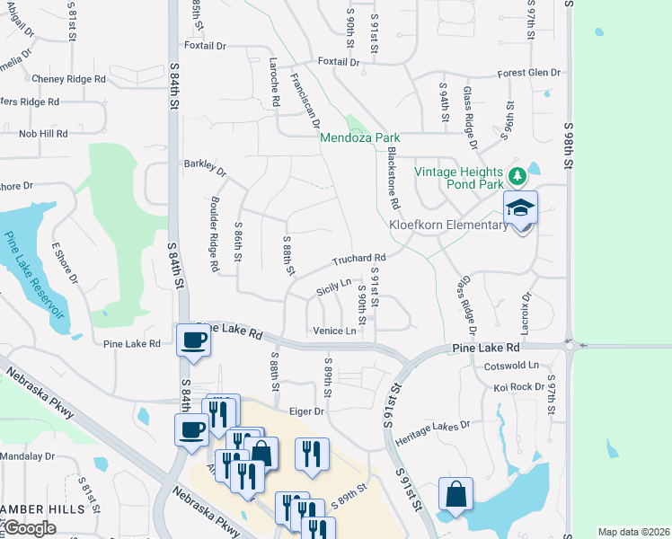 map of restaurants, bars, coffee shops, grocery stores, and more near 8864 Sicily Lane in Lincoln