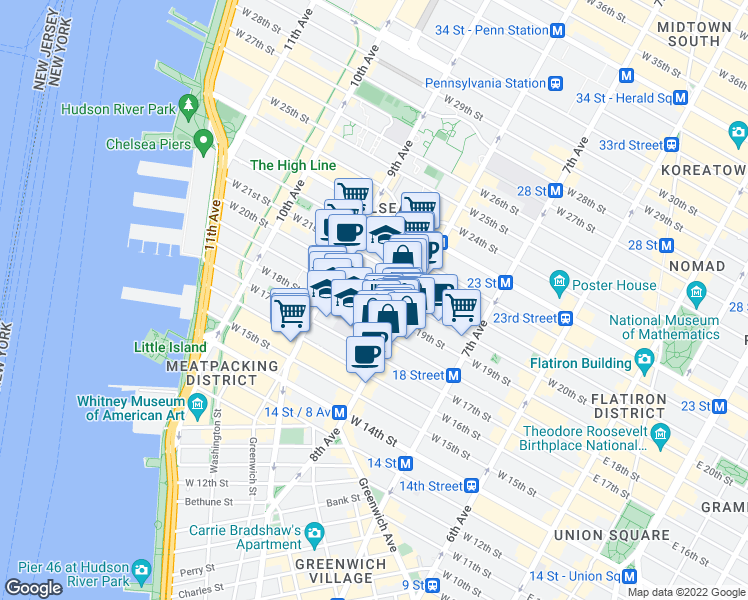 map of restaurants, bars, coffee shops, grocery stores, and more near in New York