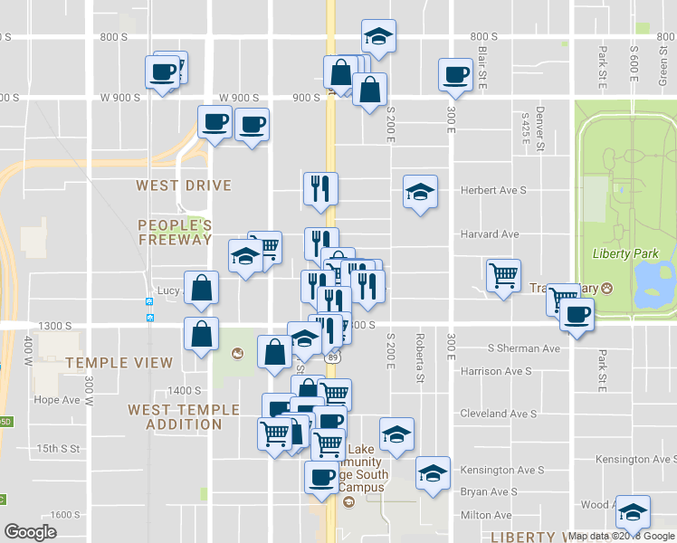 map of restaurants, bars, coffee shops, grocery stores, and more near 1165 State Street in Salt Lake City