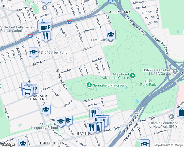 map of restaurants, bars, coffee shops, grocery stores, and more near 69-52 Cloverdale Boulevard in Queens