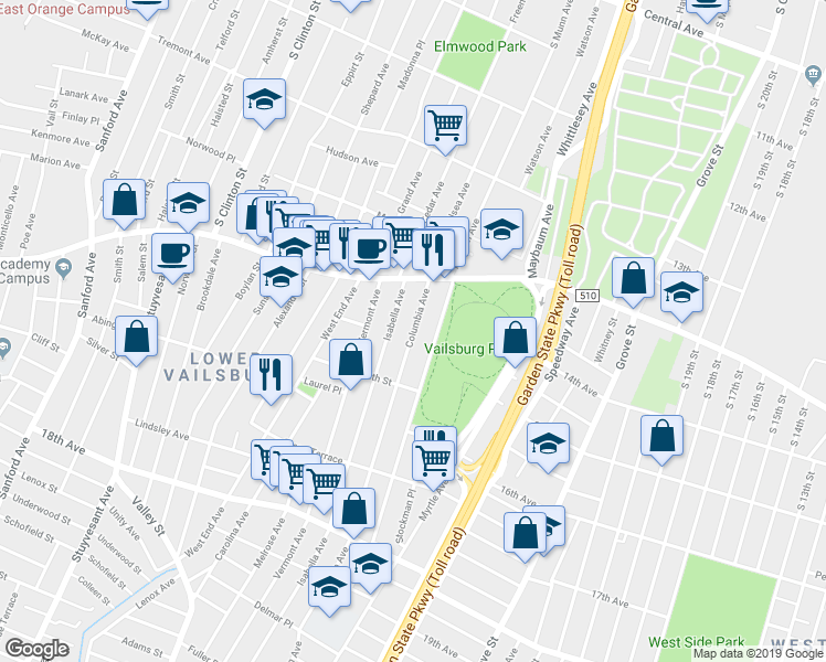 map of restaurants, bars, coffee shops, grocery stores, and more near 45 Columbia Avenue in Newark