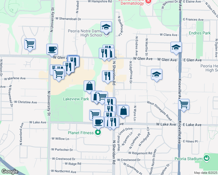map of restaurants, bars, coffee shops, grocery stores, and more near 4609 North Sheridan Road in Peoria