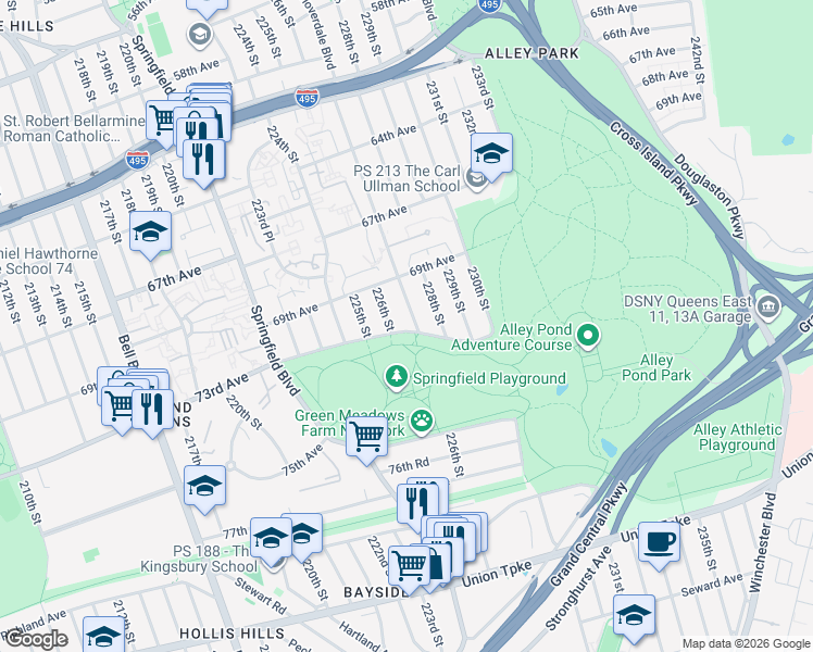 map of restaurants, bars, coffee shops, grocery stores, and more near 69-44 226th Street in Queens