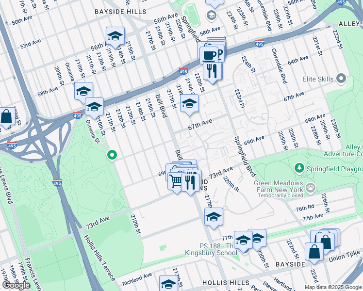 map of restaurants, bars, coffee shops, grocery stores, and more near 67-30 Bell Boulevard in Queens