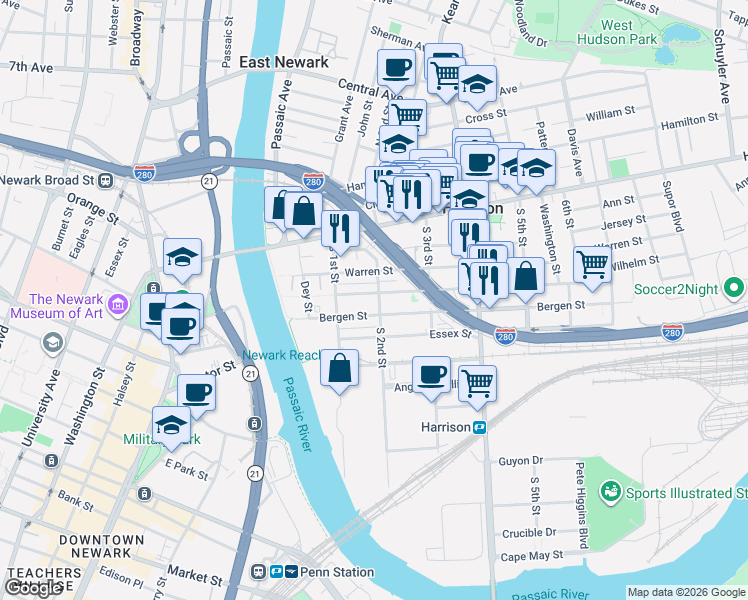 map of restaurants, bars, coffee shops, grocery stores, and more near 200 Bergen Street in Harrison