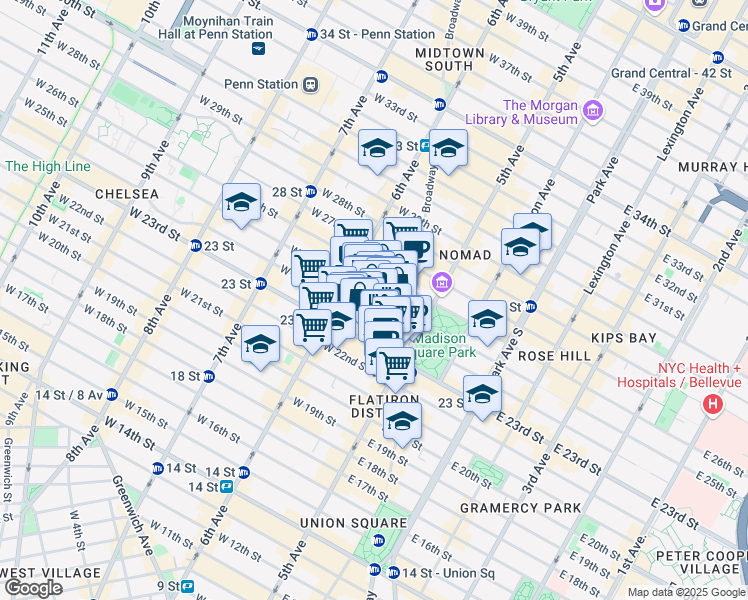 map of restaurants, bars, coffee shops, grocery stores, and more near 19 West 24th Street in New York