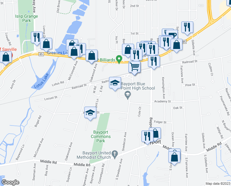 map of restaurants, bars, coffee shops, grocery stores, and more near 200 Snedecor Avenue in Bayport