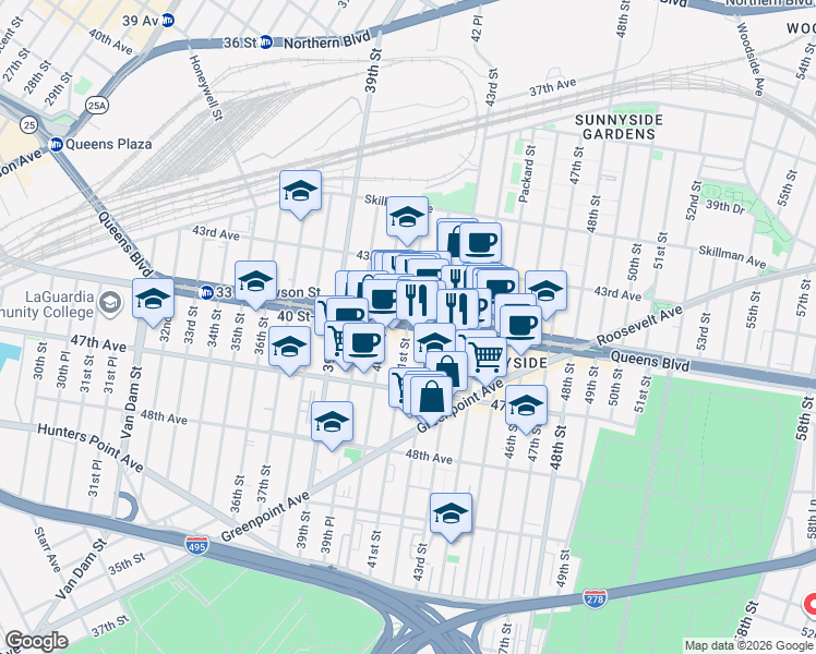 map of restaurants, bars, coffee shops, grocery stores, and more near Queens Boulevard & 41st Street in Queens