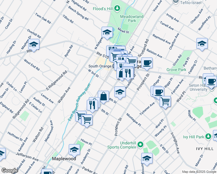 map of restaurants, bars, coffee shops, grocery stores, and more near 15 4th Street in South Orange