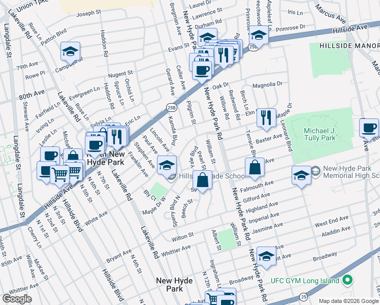 map of restaurants, bars, coffee shops, grocery stores, and more near 41 Pearl Street in New Hyde Park